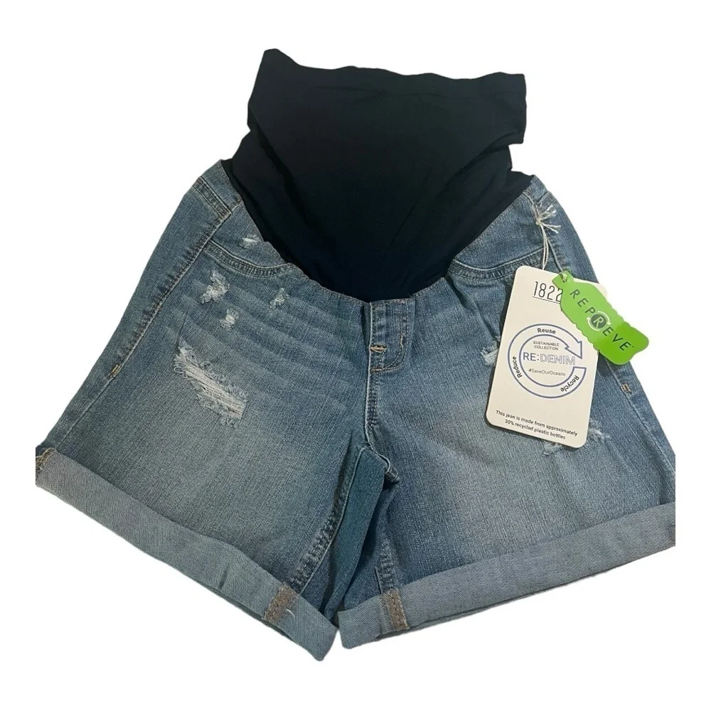 Leora 1822 Denim Rolled Cuff Distressed Maternity Denim Shorts Medium Wash